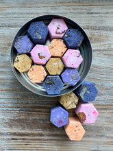 Load image into Gallery viewer, Sugar Hex Drops Sugar Cubes with Flavor & Real Flowers - Vanilla Lemon Cinnamon Butterfly Pea Rose Orange