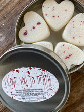 Load image into Gallery viewer, I Love You To Death Handcrafted Sugar Skulls Sugar Cubes in Metal Tin for Coffee - Tea - Cocktails & More