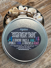 Load image into Gallery viewer, Teacher Sugar Heart Drops Sugar Cubes with Flavor & Real Flowers - Vanilla Lemon Cinnamon Butterfly Pea Rose Orange